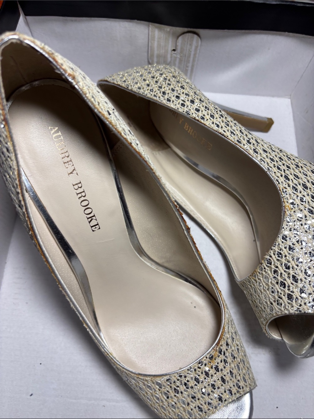 Audrey Brooke Cream and Silver Woven Peep-Toe Heels